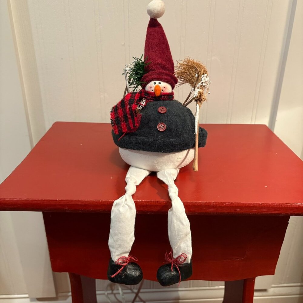 Christmas Snowman Plush Shelf Sitter, plaster and fabric, 9" from hat to torso,